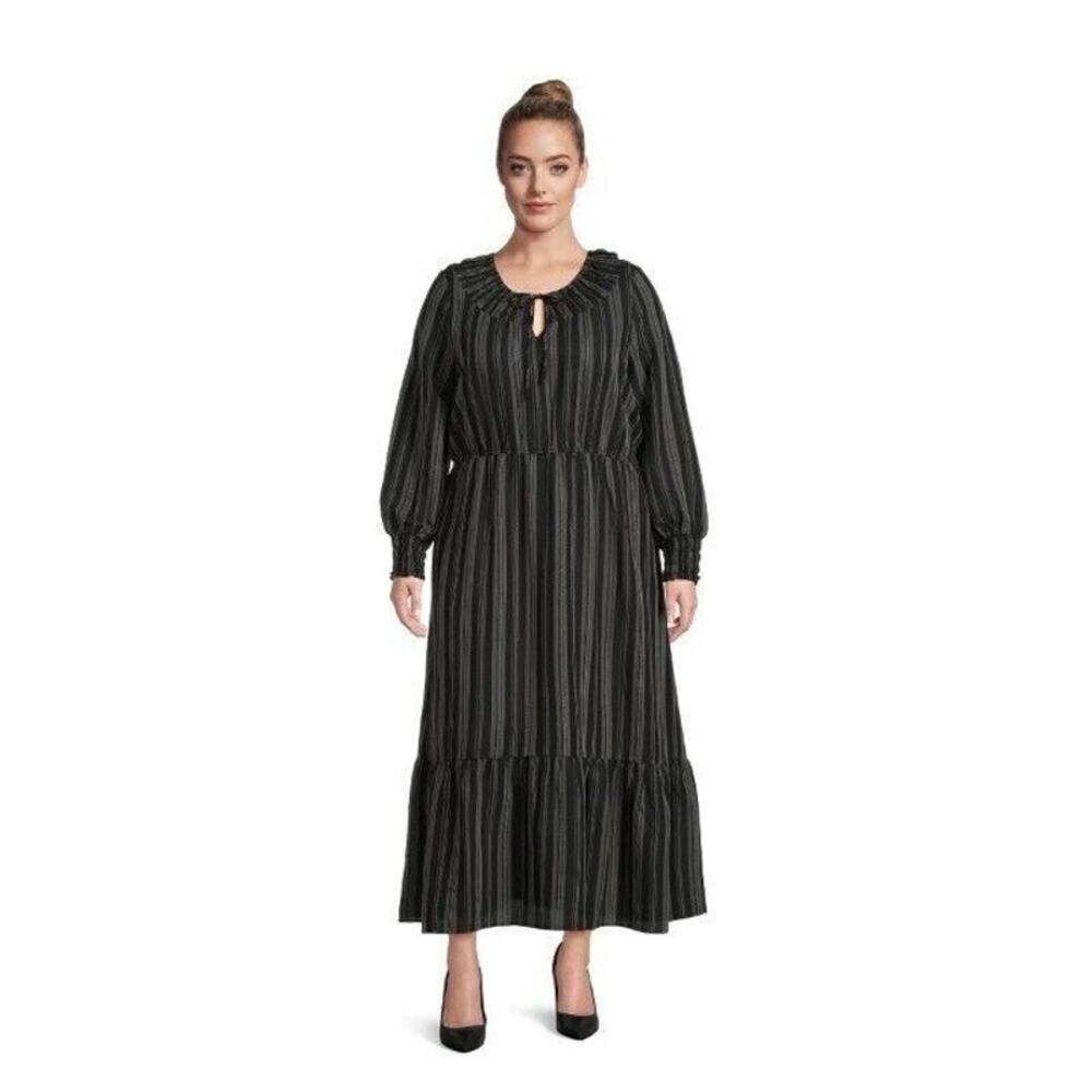 Terra & Sky Peasant Maxi Dress Black Ikat Stripe Tiered Long Sleeve Plus Size 1X
